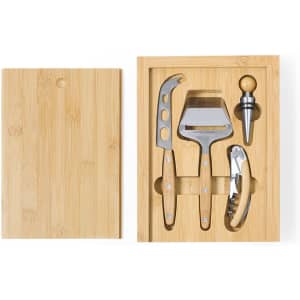 A bamboo cheese board set featuring a knife, slicer, corkscrew, and wine pourer, all with wooden handles.