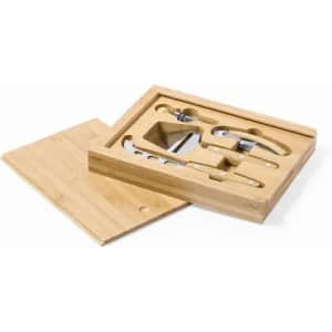 A bamboo tool set in a tray, featuring various utensils and a removable lid. Natural wood tones dominate the design.