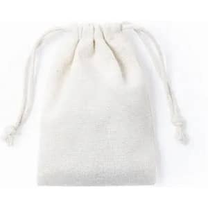 A drawstring bag in a natural white colour, made of fabric with a textured finish.