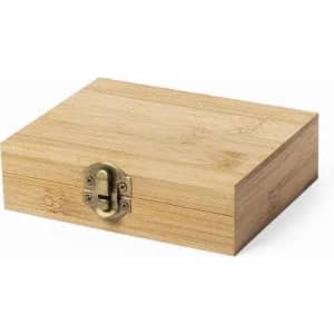 A bamboo storage box with a brass clasp, featuring a natural wood finish.