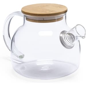 A drink bottle with a clear glass body and a bamboo lid, featuring a spiral spout for easy pouring.