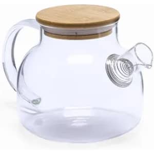 A glass teapot with a bamboo lid and a spout, featuring a clear body.