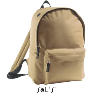 A khaki 600D polyester rucksack with a front pocket and branding on the side. Adjustable shoulder straps included.