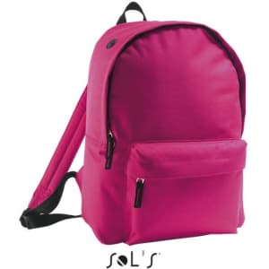 A pink rucksack with adjustable straps and a front pocket, featuring a logo.