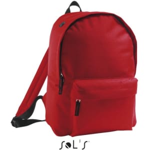 A red rucksack made of 600D polyester, featuring a front pocket and adjustable straps. It has a logo on it.