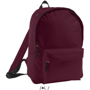 A maroon rucksack made of 600D polyester with one front pocket and adjustable straps. It features a logo.