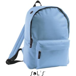 A light blue rucksack with a front pocket and adjustable straps. It features a logo on the front.