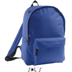 A blue 600D polyester rucksack with a front pocket and adjustable straps, featuring a logo.