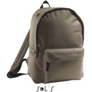 A khaki rucksack made of 600D polyester with a single front pocket and a logo present on the design.