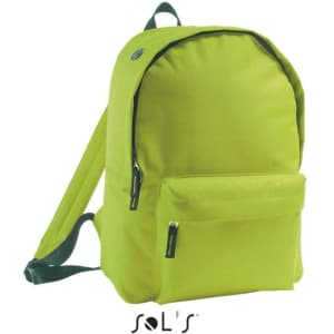 A bright lime green rucksack with a front pocket and green straps, featuring a logo.
