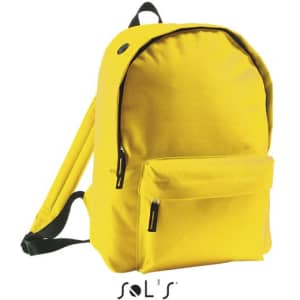 A yellow rucksack made of 600D polyester featuring a front zip pocket and adjustable straps. It has a logo.