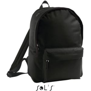 A black 600D polyester rucksack with adjustable straps and a front pocket, featuring a logo.