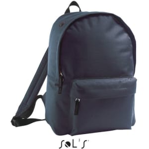 A navy blue rucksack made from 600D polyester, featuring a front pocket and adjustable straps. It has a logo.