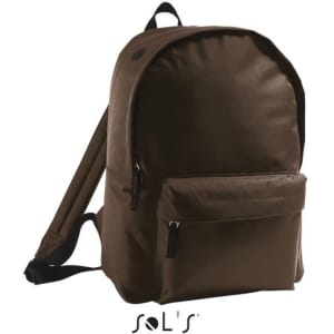 A brown 600D polyester rucksack featuring a front zip pocket and a logo on the side.