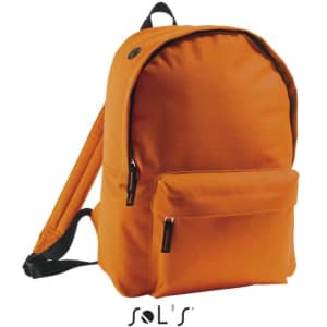 An orange 600D polyester rucksack with a front pocket and a logo. Ideal for everyday use.