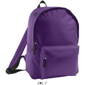 A purple rucksack made of 600D polyester featuring a front pocket and adjustable straps. It has a logo on it.