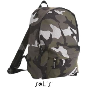 A camouflage-patterned rucksack made from 600D polyester with a zip pocket and a single shoulder strap.