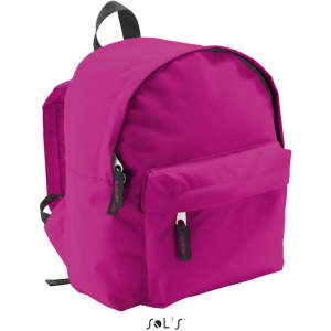 A fuchsia rucksack made from 600D polyester, featuring a front pocket and adjustable straps. It has a brand logo.
