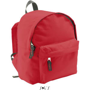 A red 600D polyester rucksack featuring a front pocket and adjustable straps. It has a logo on the front.