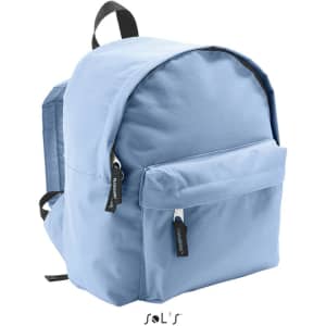 A blue kids' rucksack made of 600D polyester, featuring a front pocket and adjustable straps. Includes a branding logo.