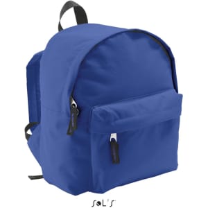 A blue rucksack made from 600D polyester, featuring a front pocket and adjustable straps.