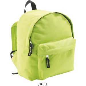 A bright green rucksack made from 600D polyester with a front pocket and branded zippers.