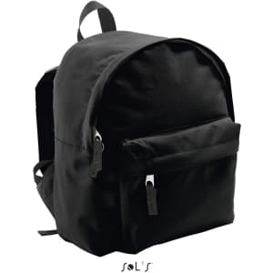 A black rucksack made from 600D polyester, featuring a front pocket and adjustable shoulder straps.