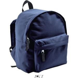A navy blue rucksack with a main compartment and a front pocket, featuring adjustable straps and a logo.