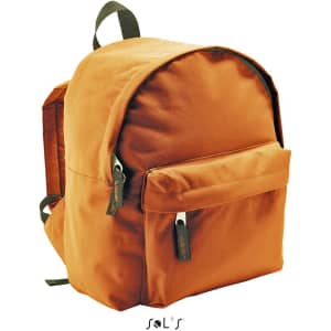 An orange 600D polyester rucksack with a front pocket and dual shoulder straps. Features a logo.