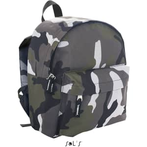 A camouflage-patterned rucksack made from 600D polyester, featuring a front pocket and a branding logo.