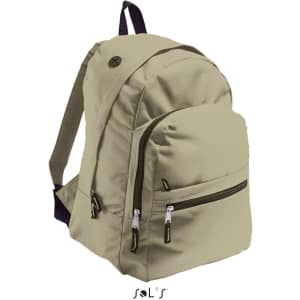 A beige rucksack made of 600D polyester with multiple compartments and adjustable straps. Features a logo.