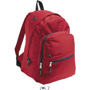 A red 600D polyester rucksack with adjustable straps and a front zip pocket. It features a logo on the front.