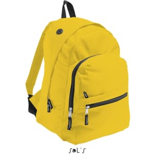 A yellow rucksack made of 600D polyester, featuring a front pocket and a branding logo.