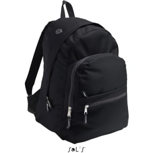 A black rucksack made of 600D polyester with a front pocket and a logo.