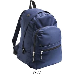 A navy blue rucksack with a front pocket, adjustable straps, and a logo on the side.