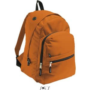 An orange rucksack with a front pocket and adjustable straps, featuring a logo on the side.
