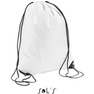 A white drawstring bag with black cords and corners, featuring a logo.