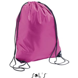 A pink drawstring bag with black straps and a logo at the base.