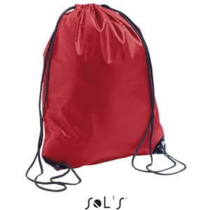 A red drawstring bag with black cords and a logo on the front.