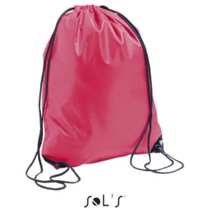 A red drawstring bag with black cords, featuring a logo at the bottom.