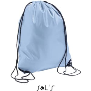 A light blue drawstring bag with black cords, featuring a logo at the bottom.