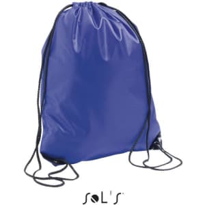 A purple drawstring bag with black cords and a logo at the bottom.