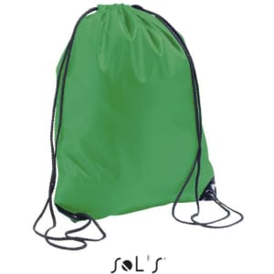 A green drawstring backpack featuring black cords and a logo at the bottom.