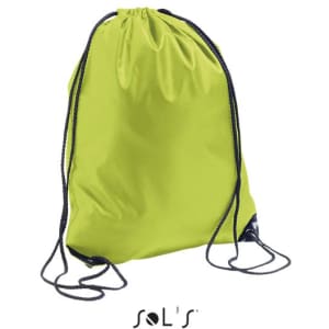 A bright lime green drawstring bag with navy blue cords and accents. It has a logo at the bottom.