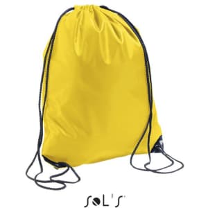 A bright yellow drawstring backpack with black cords and a logo.