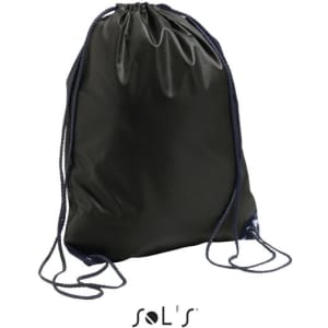 A black drawstring backpack featuring a simple design and matching drawstrings, with a logo visible at the bottom.