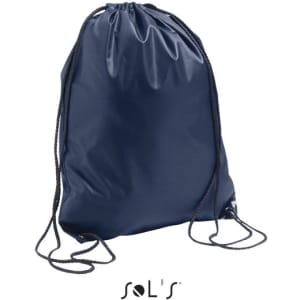 A navy drawstring bag with a smooth surface and matching cords, featuring a small logo at the bottom.