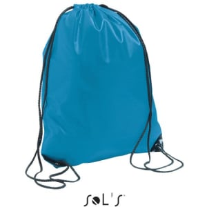 A blue drawstring backpack with black cords and a logo at the bottom.