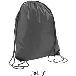 A grey drawstring backpack featuring a logo, made from a shiny material with adjustable straps.