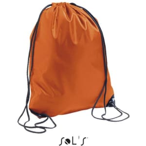 An orange drawstring backpack with black cords, featuring a logo on the front.